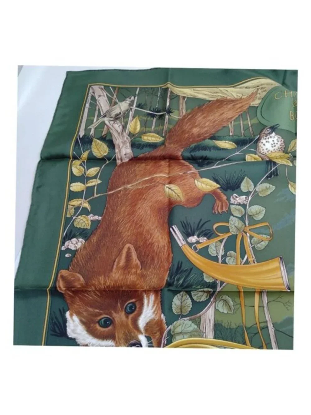 Authentic Hermès Chasse au Bois Carré 90 Silk Scarf Green Hunting Print Made in